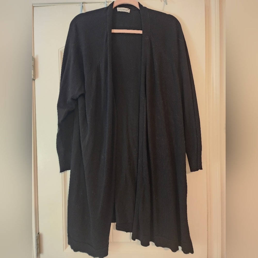 Retrology Long Black Open Front Cardigan Soft Stretchy Sz 1X Minimalist Goth
